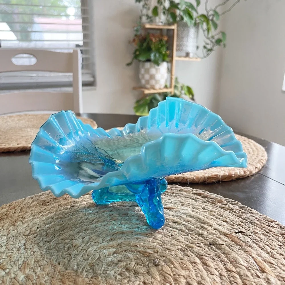 Vintage Blue Opalescent Glass Ruffled Footed Candy Dish Compote